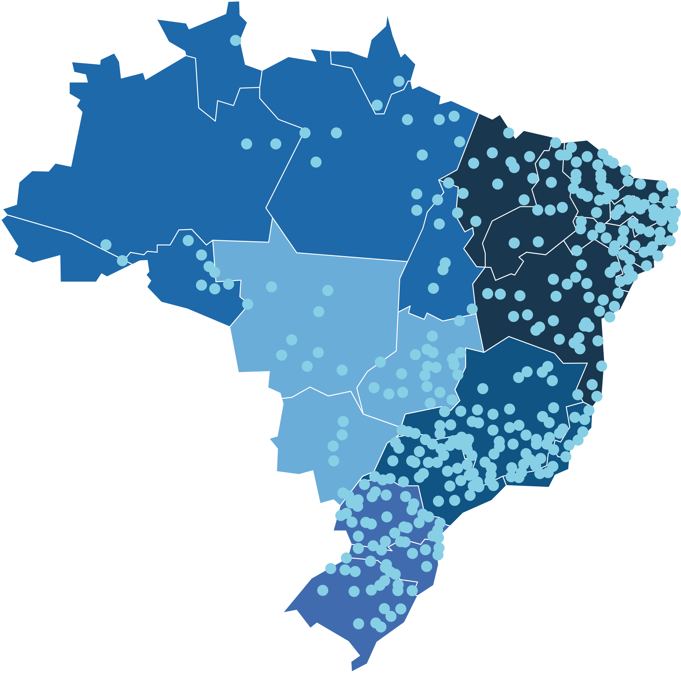 Mapa do Brasil com os estados de atuação do Hcor destacados