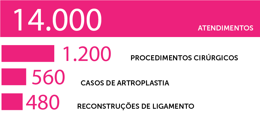 14.000 atendimentos, 1.200 procedimentos cirúrgicos, 560 casos de artroplastia, 480 reconstruções de ligamento durante um período de 2 anos.